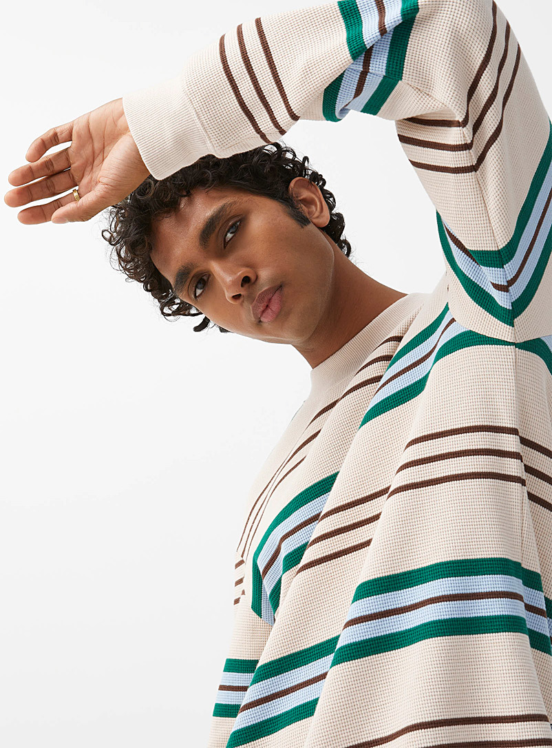 Djab Cream Beige Striped waffled long-sleeve T-shirt for men