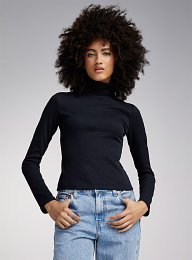 Twik Black Rib-knit fitted turtleneck sweater for women