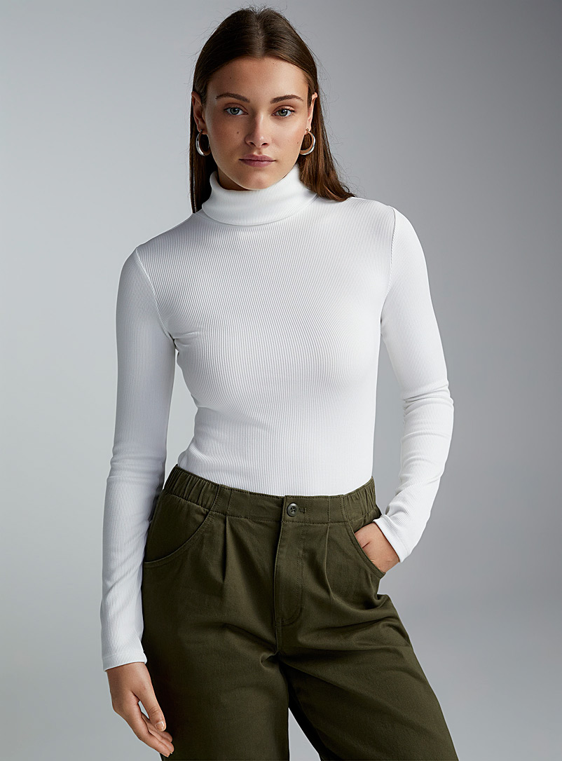 Twik White Rib-knit fitted turtleneck for women