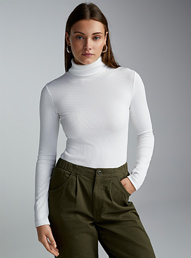Twik White Rib-knit fitted turtleneck sweater for women