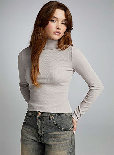 Twik Sand Rib-knit fitted turtleneck sweater for women