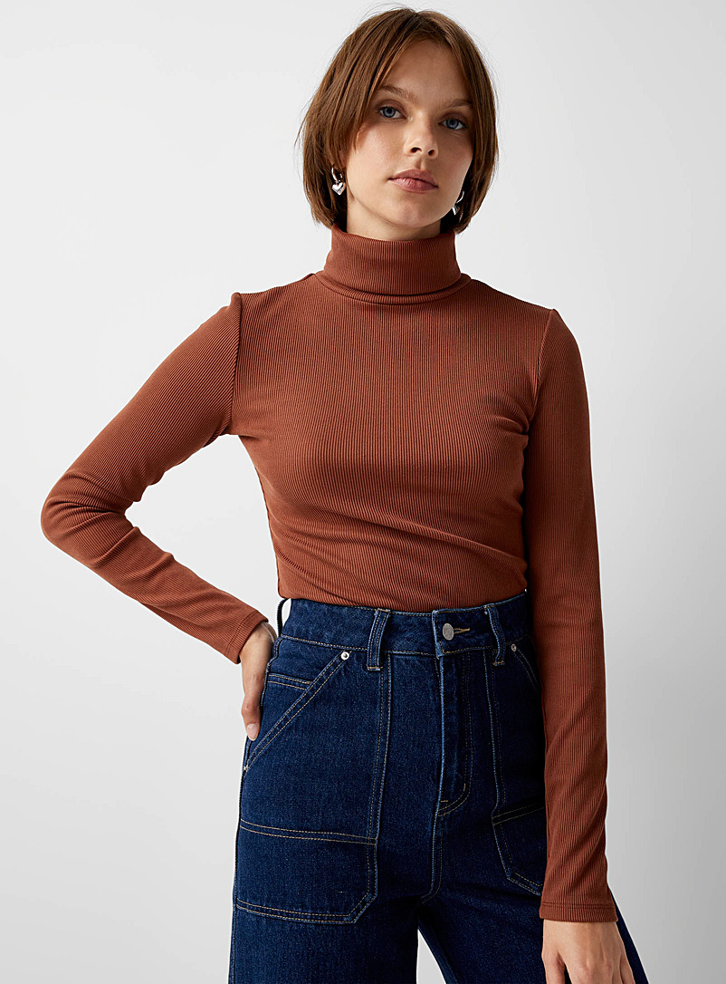 Twik Medium Brown Rib-knit fitted turtleneck for women