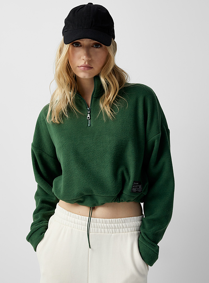 Twik Mossy Green Polar fleece zippered half-collar sweatshirt for women