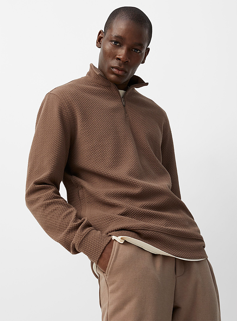 Le 31 Brown Polygiene® waffled half-zip sweatshirt Innovation collection for men
