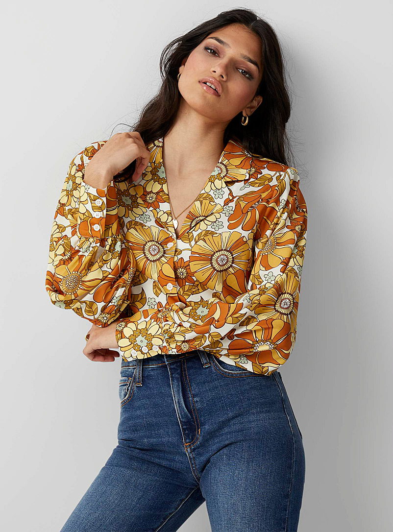 Icône Patterned Orange Floral tapestry shoulder-pad blouse for women