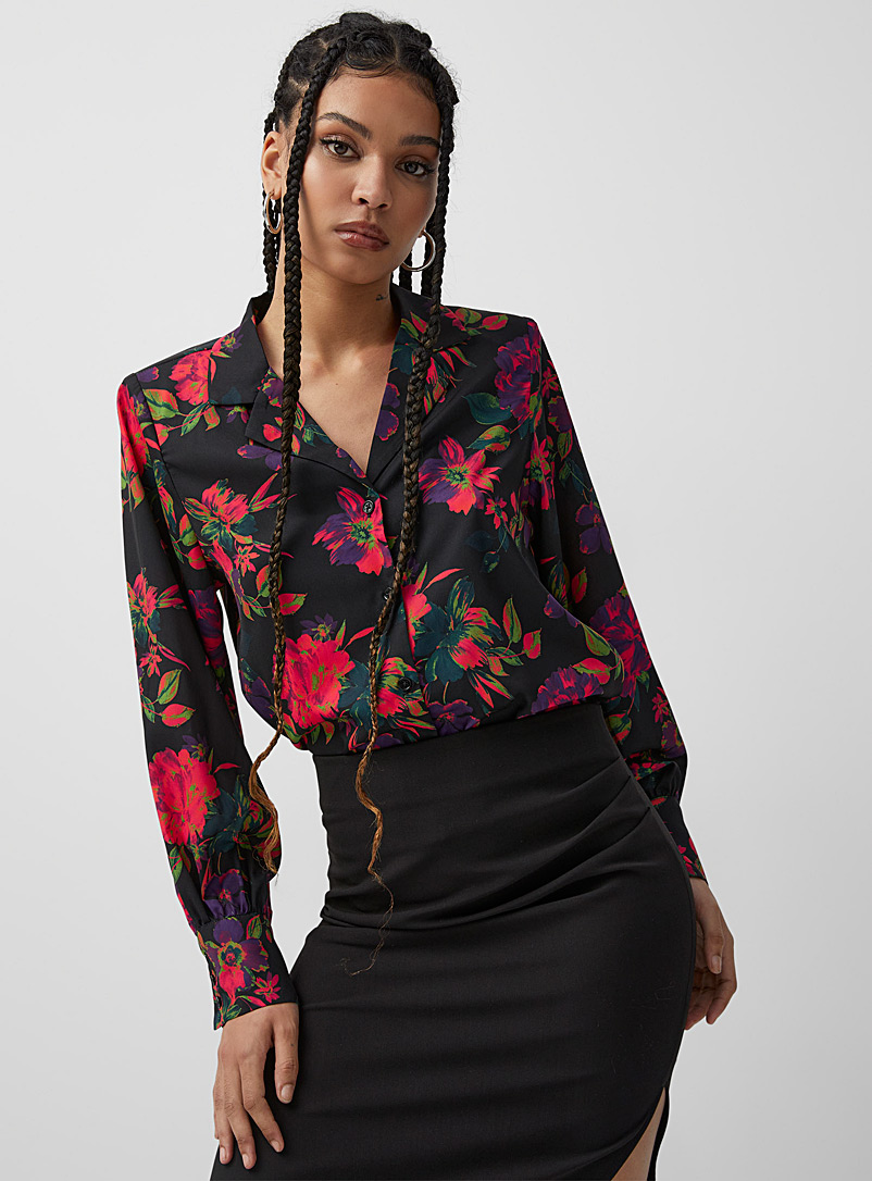 Icône Patterned Black Floral tapestry shoulder-pad blouse for women