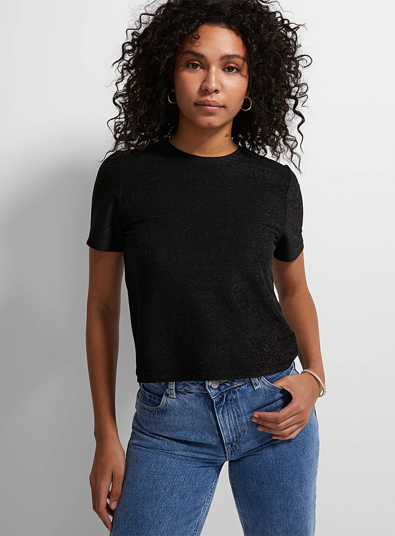 Icône: Le t-shirt col rond scintillant Noir pour femme