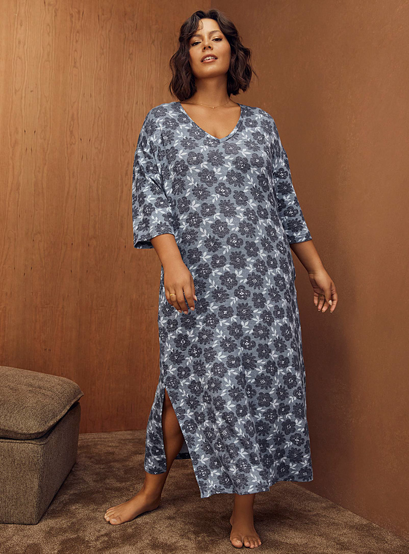 Miiyu Patterned Blue Botanical-patterned soft knit nightgown Plus size for women