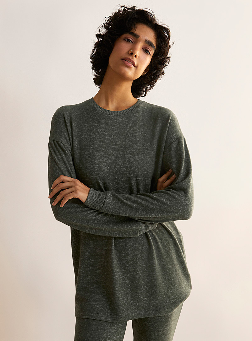 Miiyu x Twik: Le sweat long doux tricot chiné Vert foncé-mousse-olive pour femme