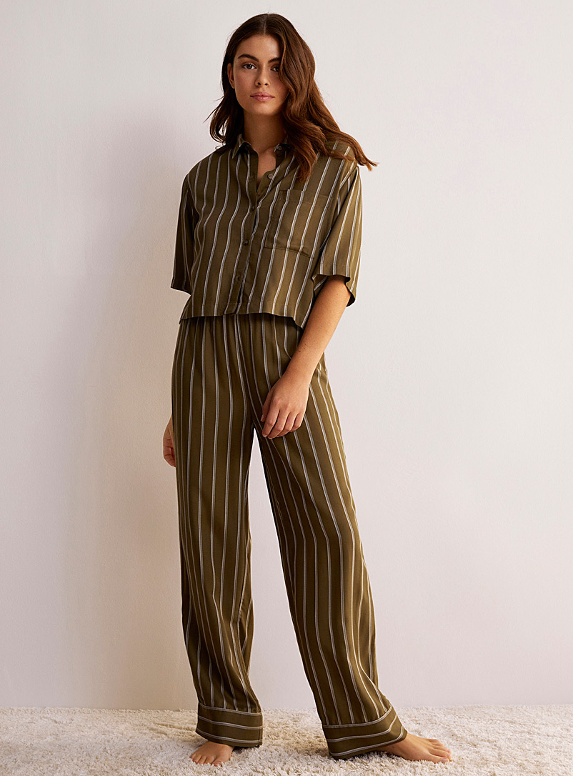Miiyu Mossy Green Striped brushed twill pyjama set for women