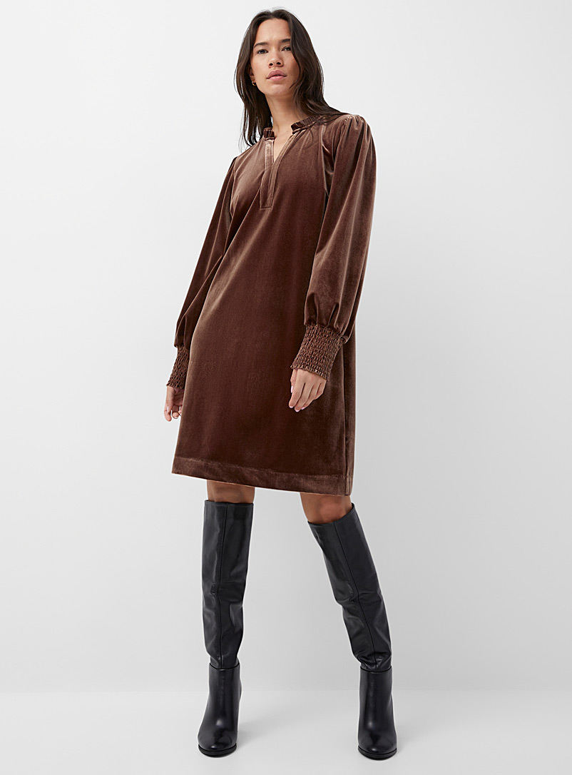 Contemporaine Light Brown Puff-sleeve velvet dress for women