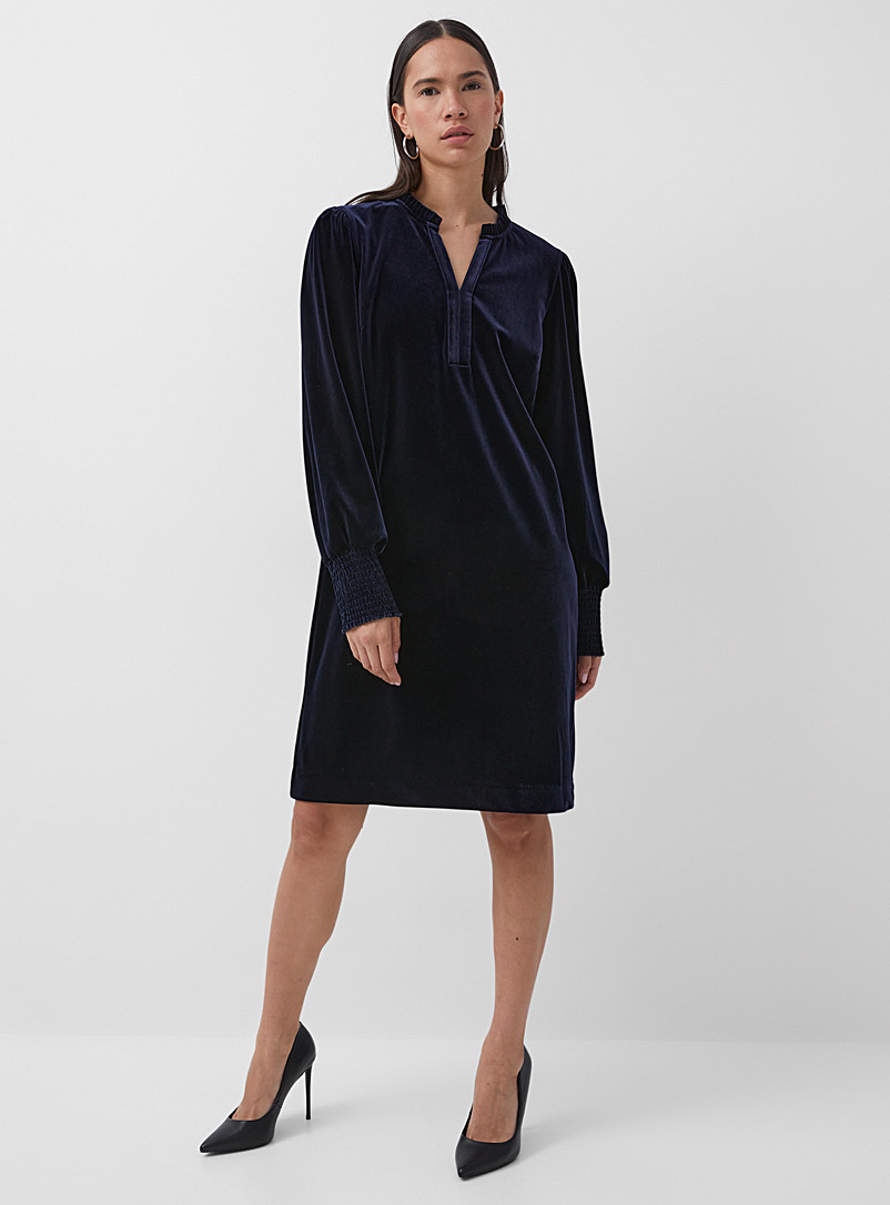 Contemporaine Marine Blue Puff-sleeve velvet dress for women