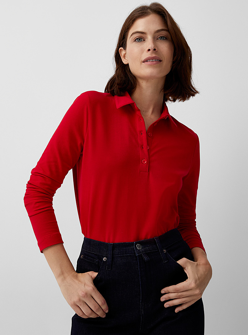Contemporaine Bright Red Plain long-sleeve polo for women