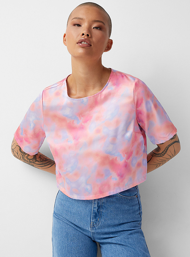 Twik Pink and blue Satiny cropped blouse for women