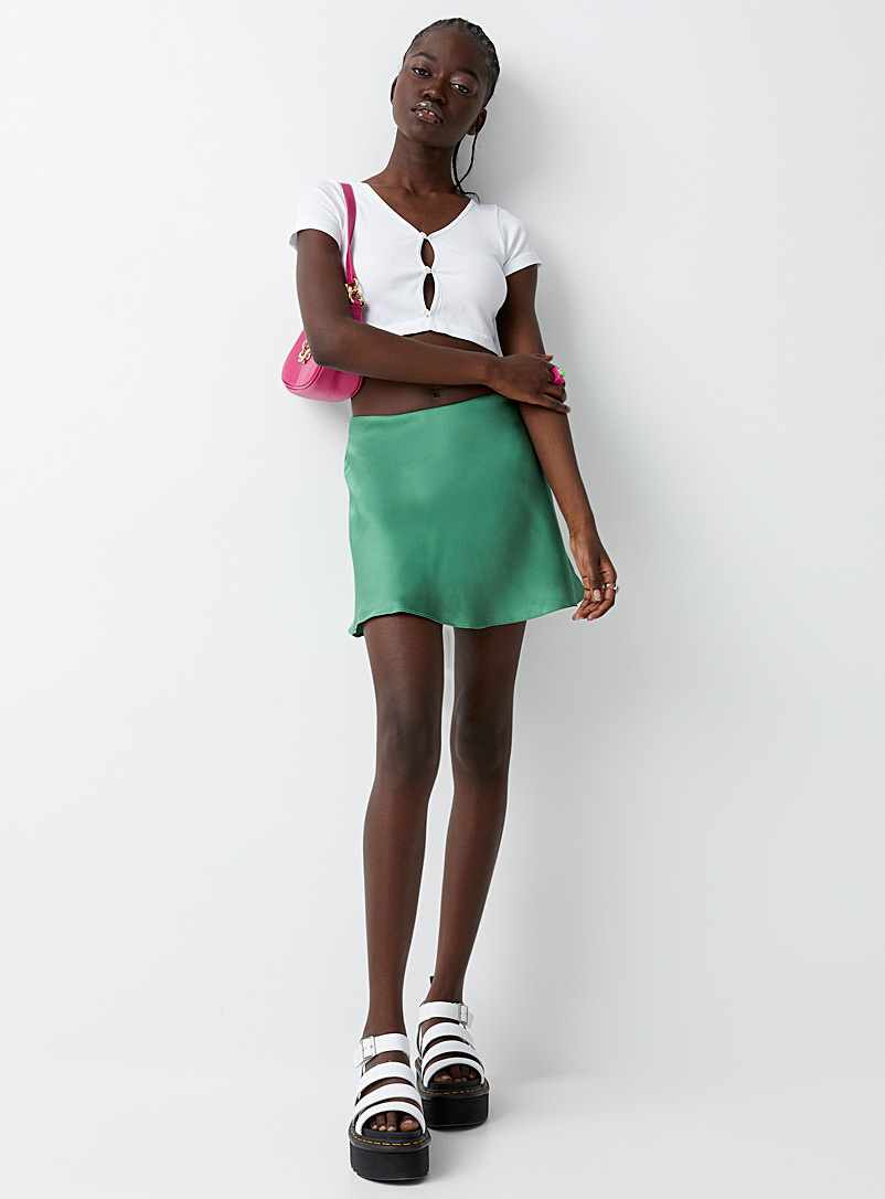 Twik Lime Green Flared satin miniskirt for women