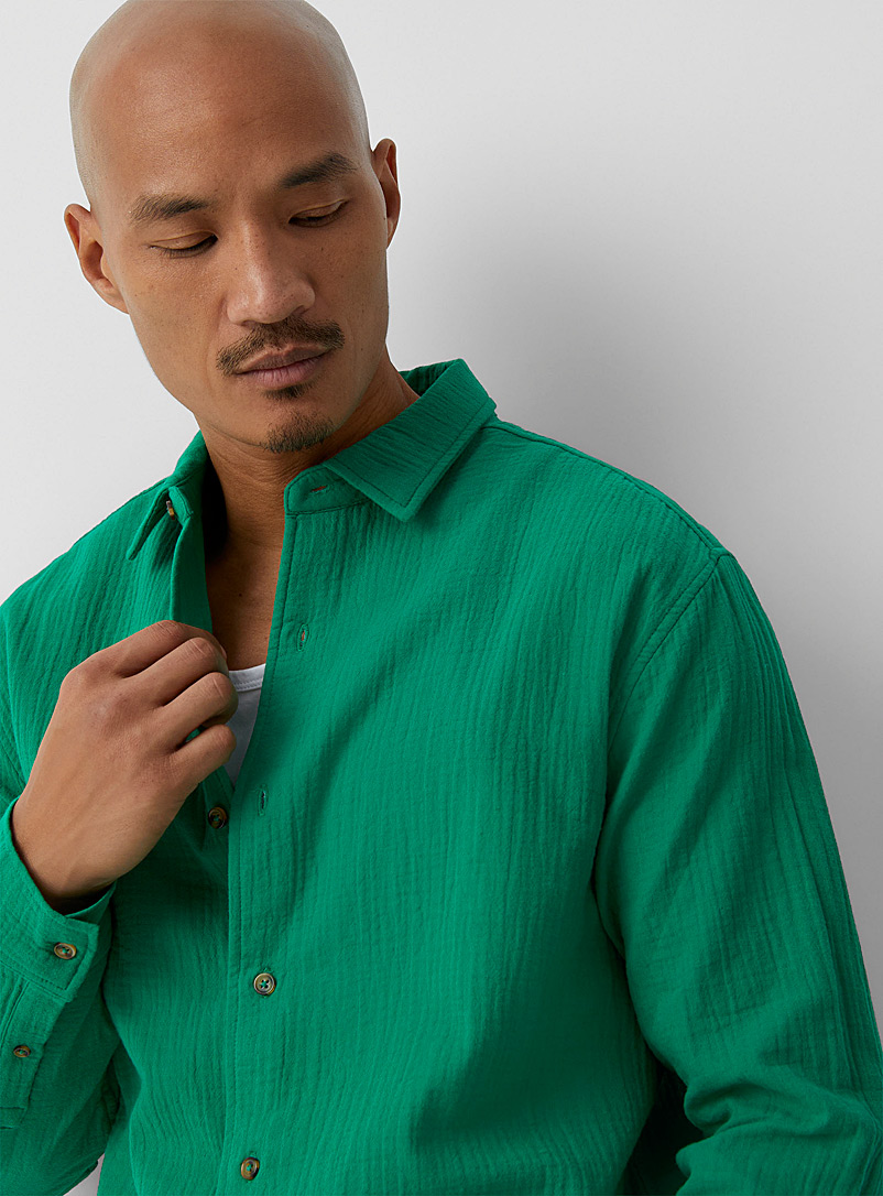 Le 31: La chemise coton froissé Coupe confort Vert vif-irlandais-émerau pour homme