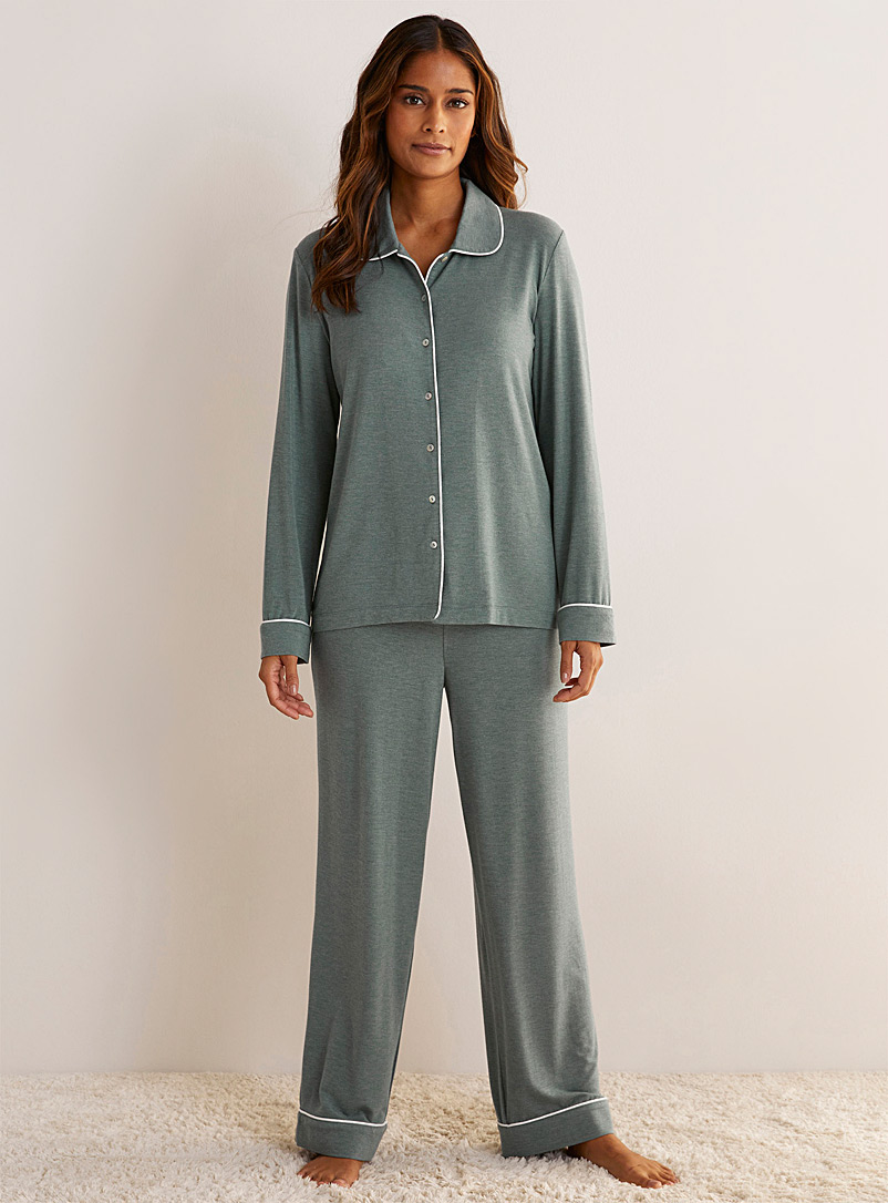 Miiyu Green Piped soft modal long pyjama set for women