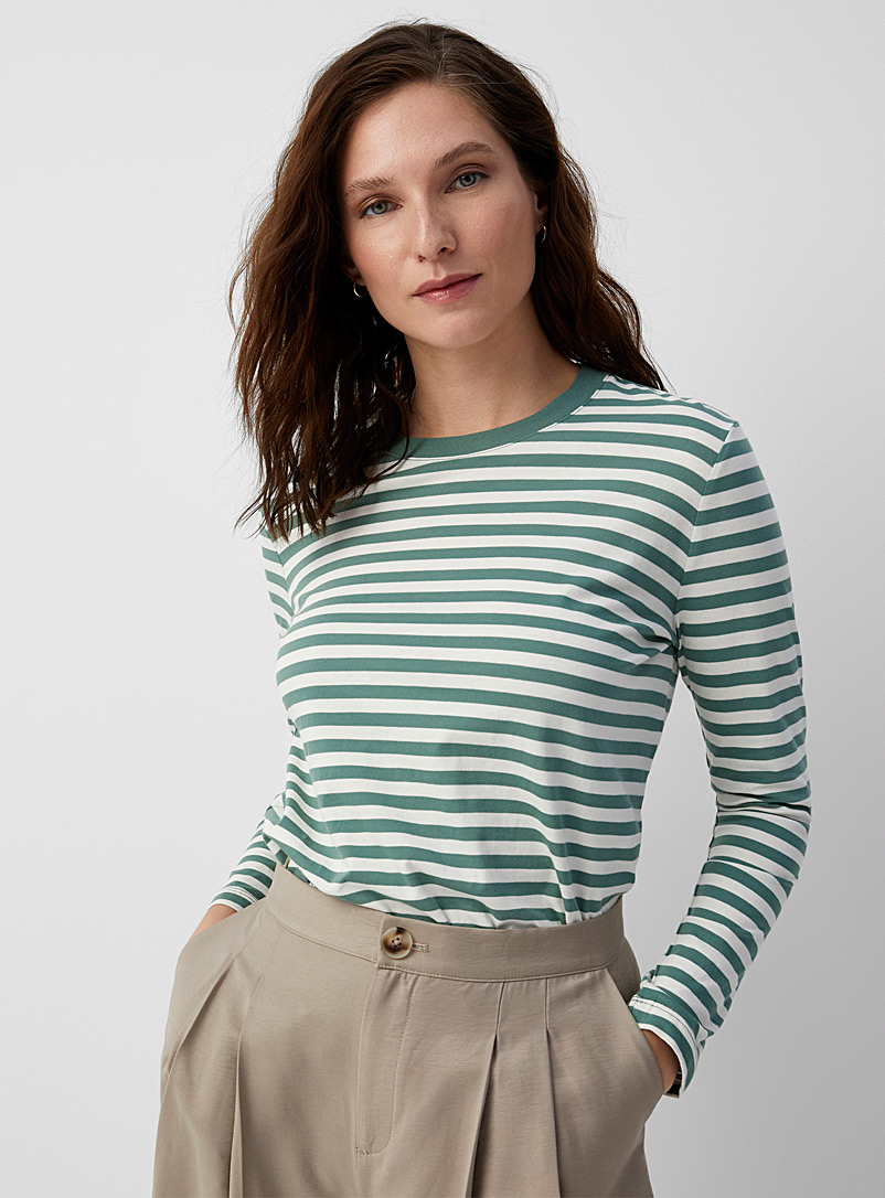 Contemporaine Patterned Green Contrasting stripe T-shirt for women