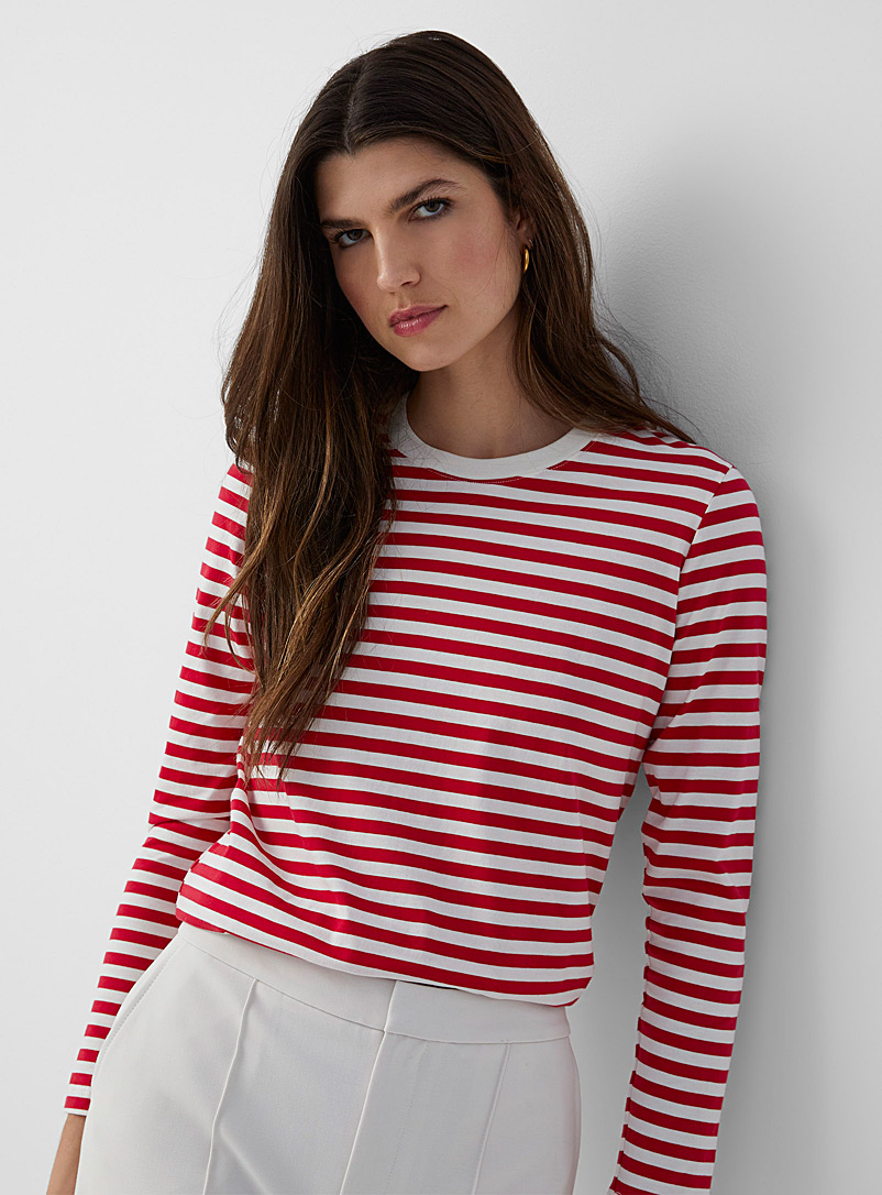 Contemporaine Patterned Red Contrasting stripe T-shirt for women