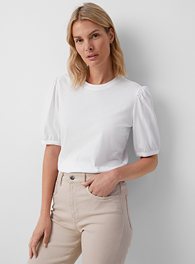 Contemporaine White Puff-sleeve organic cotton T-shirt for women