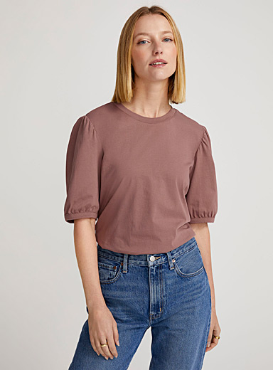 Contemporaine Light Brown Puff-sleeve organic cotton T-shirt for women
