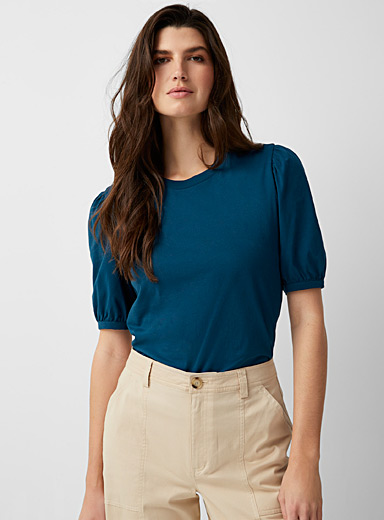 Contemporaine Dark Blue Puff-sleeve organic cotton T-shirt for women
