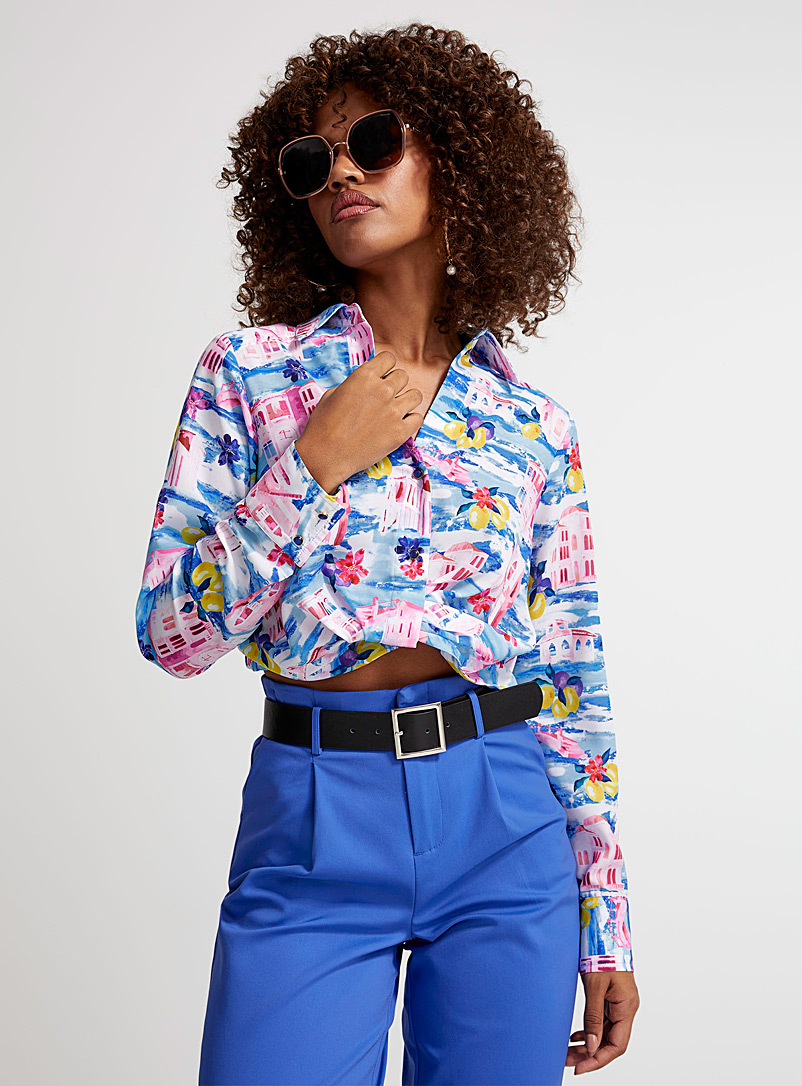 Icône Patterned Blue Twisted cropped blouse for women