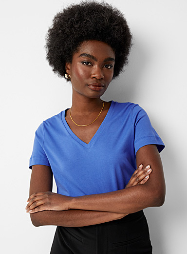 Contemporaine Sapphire Blue V-neck organic cotton T-shirt for women