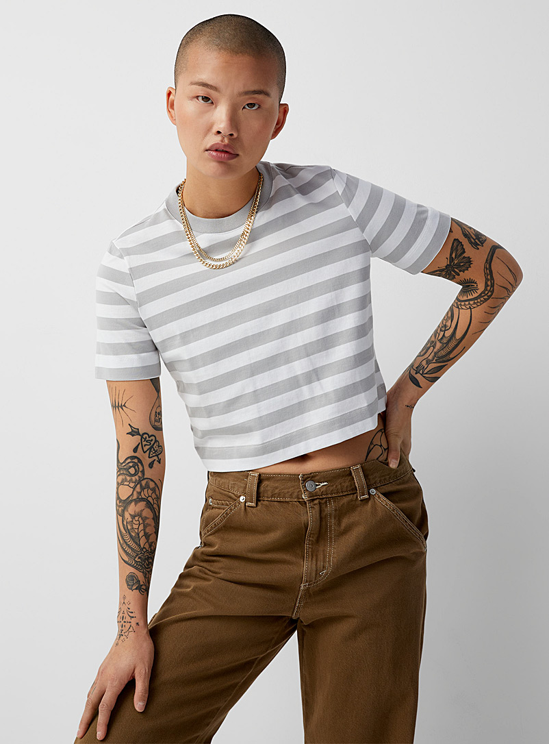Twik Light Grey Striped boxy-fit T-shirt for women