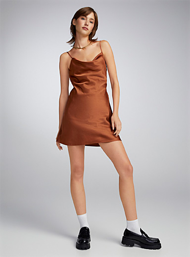 Twik Medium Brown Draped-collar satin slip dress for women