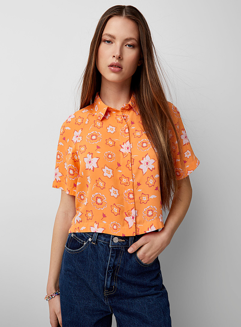 Twik Patterned Orange Floral print boxy-fit shirt for women