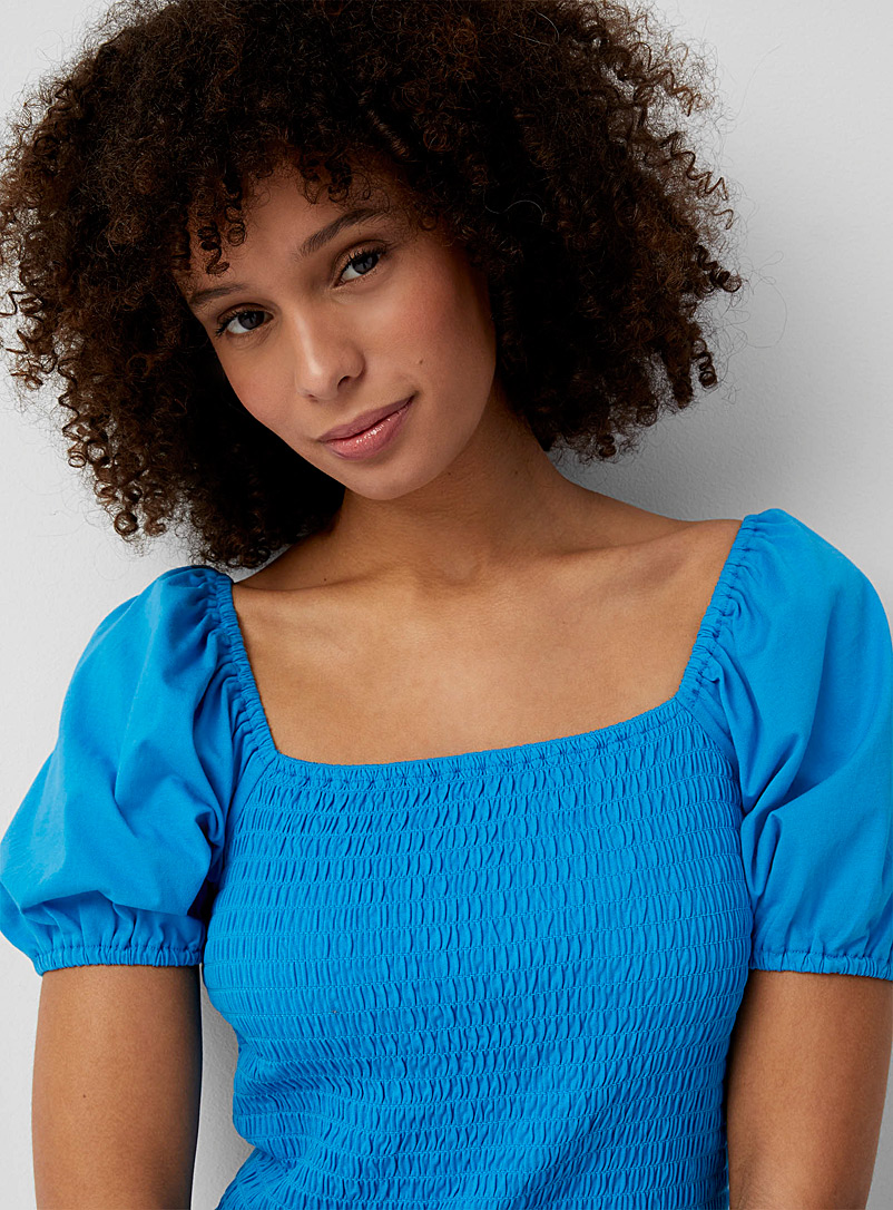 Contemporaine Teal Puff-sleeve smocked T-shirt for women