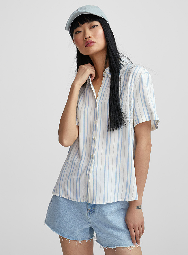Twik Patterned Blue Vertical stripes flowy shirt for women