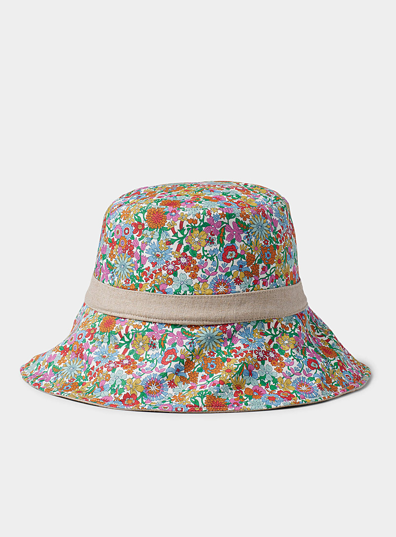 Simons Patterned White June Blossom reversible bucket hat Made with Liberty Fabric for women