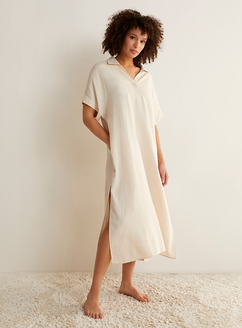 Miiyu Cream Beige Johnny collar linen nightgown for women