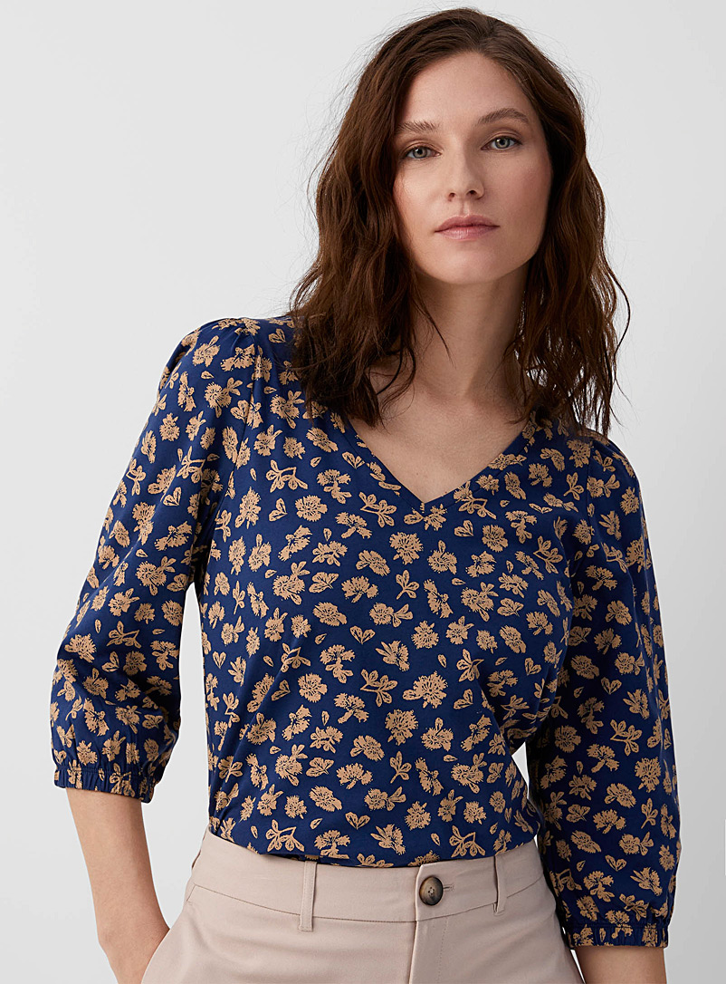 Contemporaine Patterned Blue Puff-sleeve print T-shirt for women