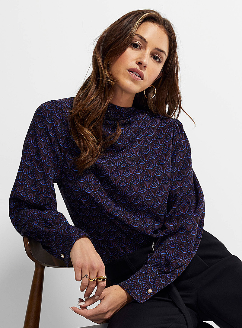 Icône Patterned Blue Draped collar blouse for women