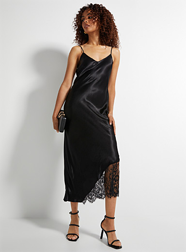 Icône Black Long satiny lace-insert slip dress for women