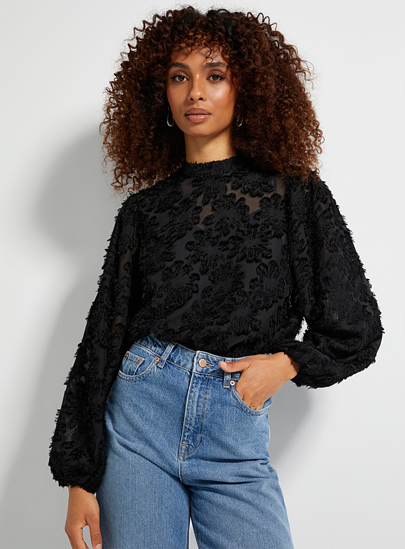 Icône Black Spun flowers puff-sleeve blouse for women