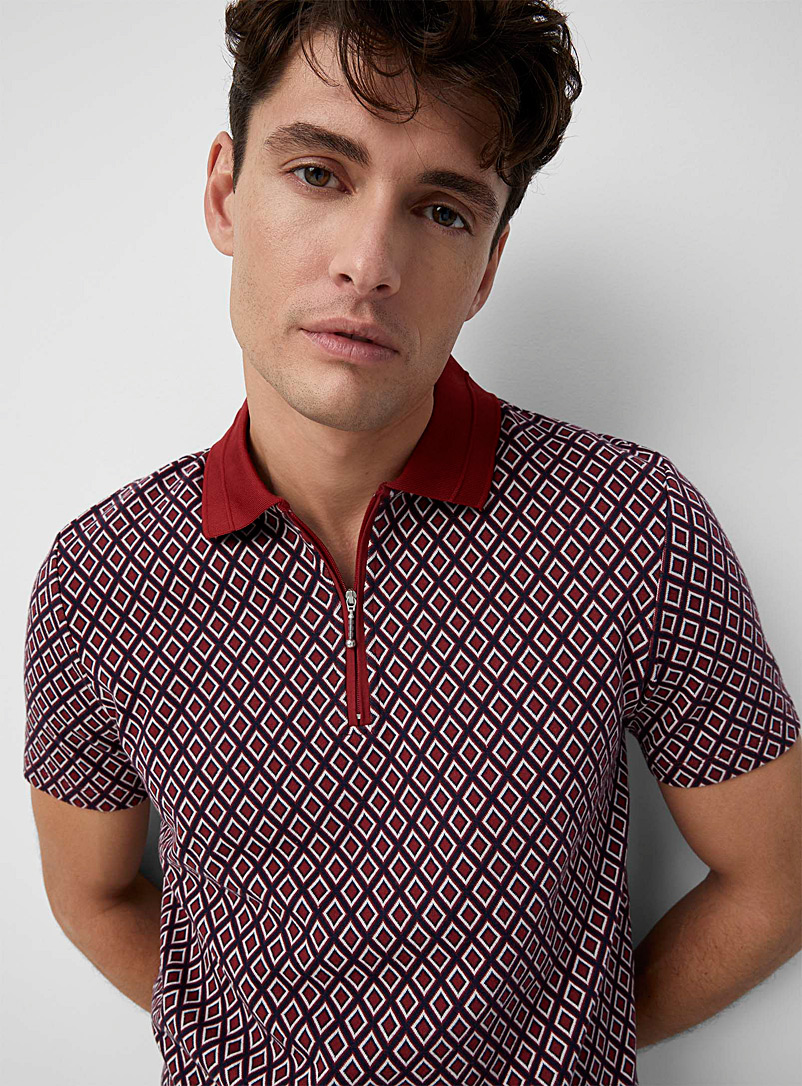 Le 31 Patterned red Geo mosaic zip-neck polo for men