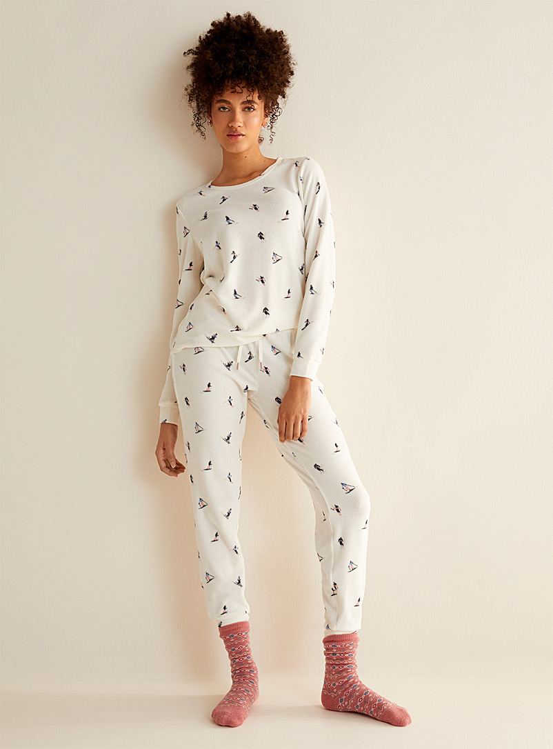 Miiyu x Twik White with Pattern Waffled polar fleece lounge jogger for women