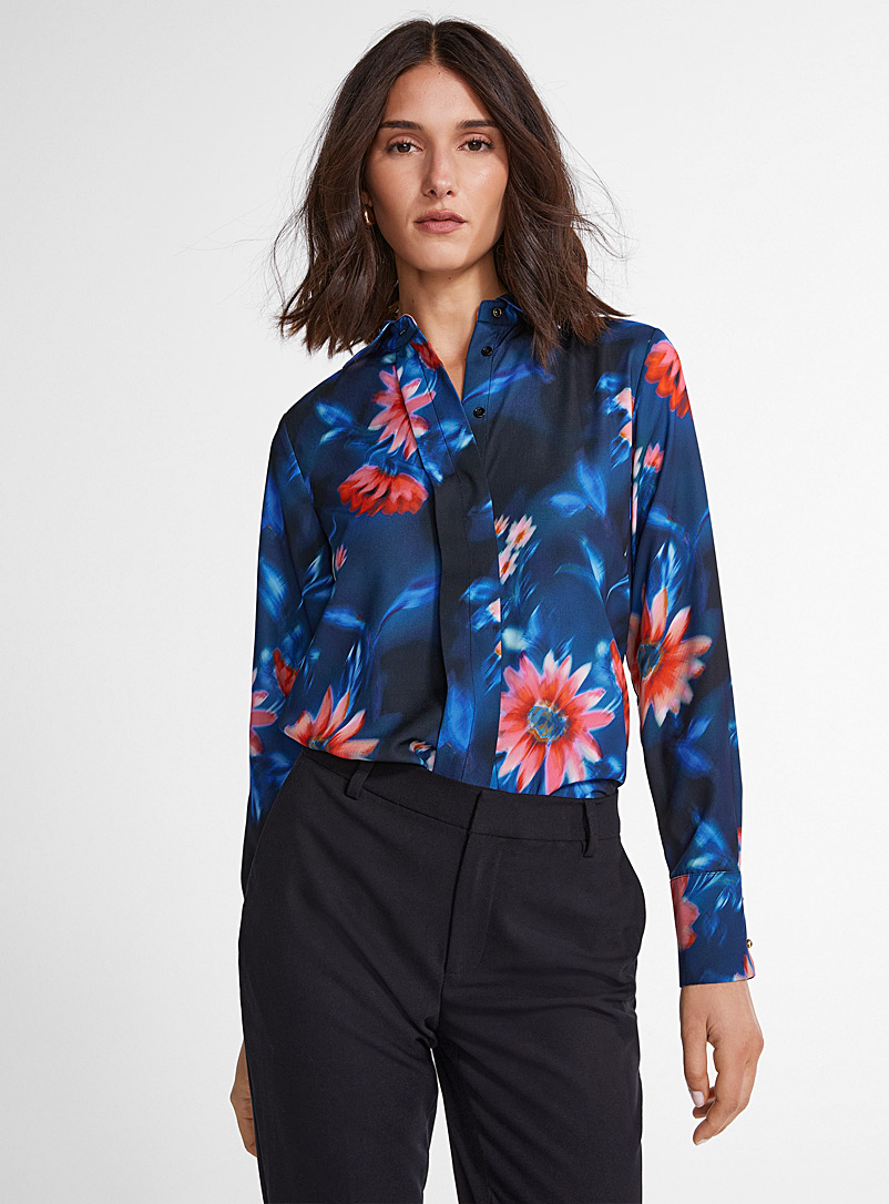 Icône Patterned blue  Printed silky shirt for women