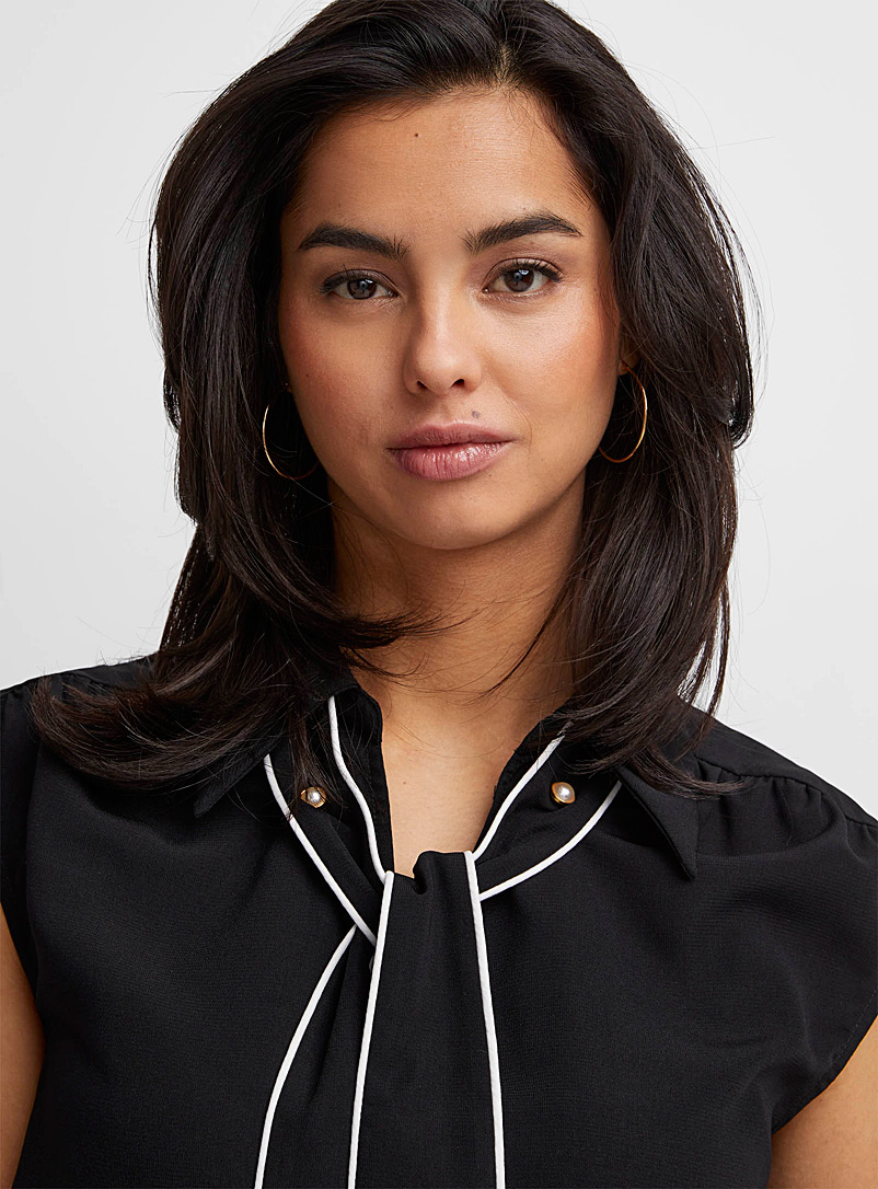 Icône Black Contrasting trim scarf-collar blouse for women