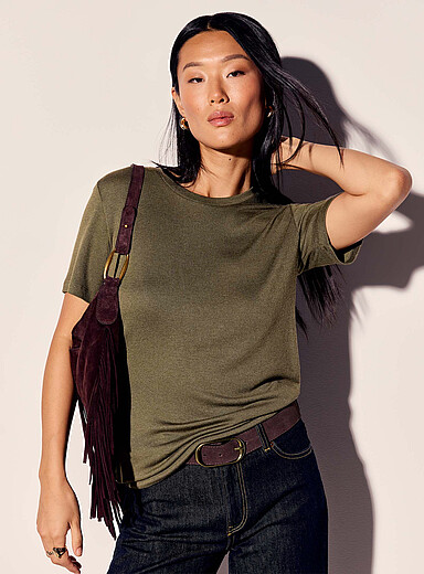 Ic&ocirc;ne: Le t-shirt manches courtes tricot souple Vert olive pour femme