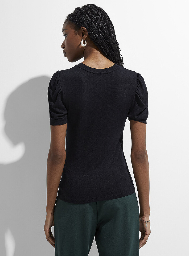 Ic&ocirc;ne Khaki Puff-sleeve supple knit T-shirt for women