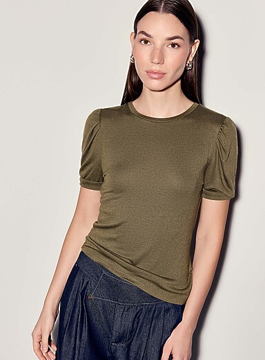 Ic&ocirc;ne: Le t-shirt tricot souple manches bouffantes Vert olive pour femme