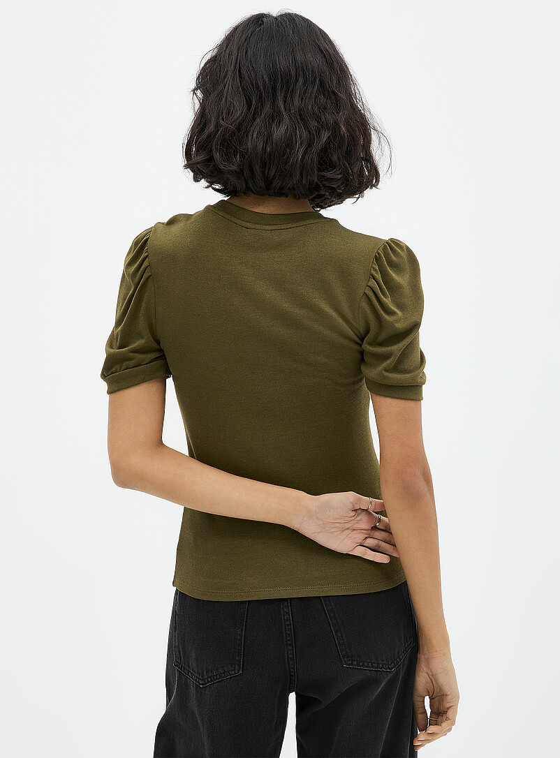 Ic&ocirc;ne Khaki Puff-sleeve supple knit T-shirt for women