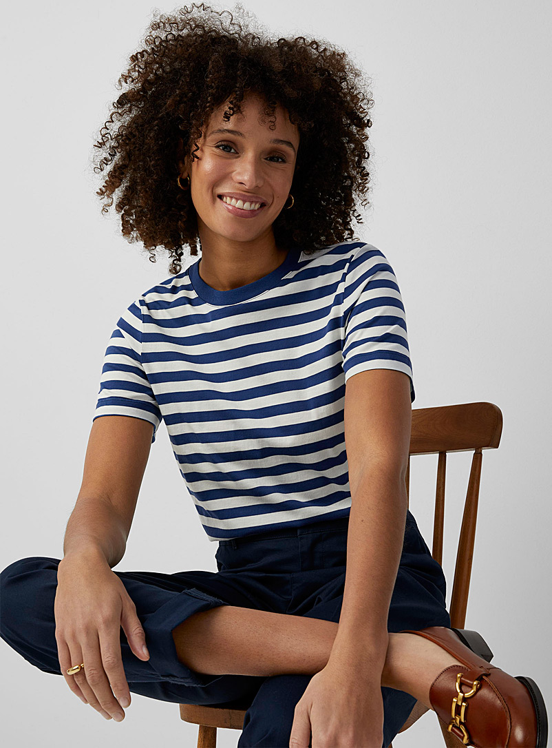 Contemporaine Patterned Blue Two-tone stripe T-shirt for women