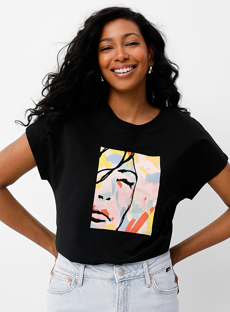 Contemporaine Black Cap-sleeve printed T-shirt for women