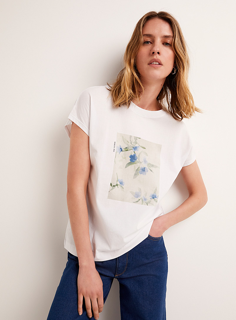 Contemporaine White Cap-sleeve printed T-shirt for women